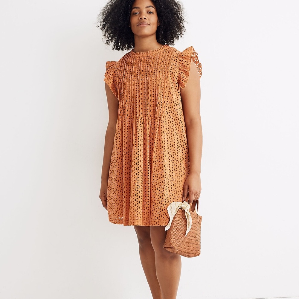 Madewell Eyelet Ruffle-Sleeve Pintuck Mini Dress – Size S, Mulled Cider- NWT